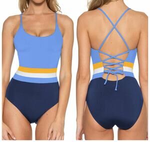BCA by Rebecca Virtue Palo Alto One Piece Swimsuit Deep Water Blue Yellow White